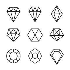 Set of geometric gemstone vector icons with outline style and faceted patterns for jewelry designs.Outline gemstone vector icons with clean geometric shapes, ideal for logos and decorative elements.