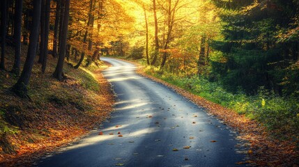 Obraz premium A winding road through a lush autumn forest, bathed in golden sunlight, with fallen leaves scattered along the path.