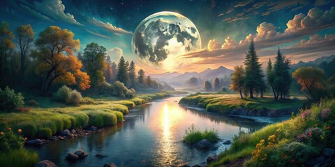 Fototapeta premium A serene fantasy landscape features a captivating moonrise above a peaceful river, perfect for nature enthusiasts and dreamers seeking tranquil beauty in art.