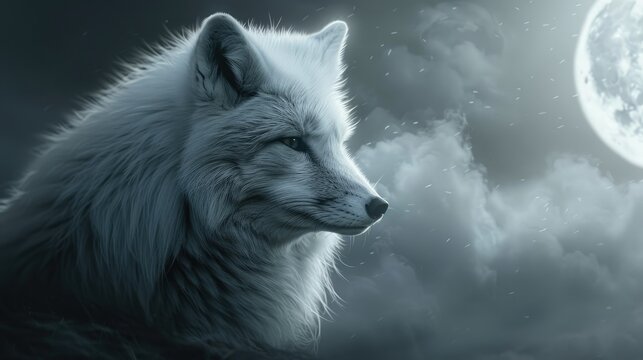 a arctic fox , full moon , portrait, vaporous, liquid mercury art
