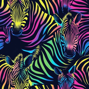 Colorful neon zebra heads and striped pattern creating a vibrant and dynamic animal inspired design