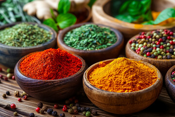 An array of spices in wooden bowls showcases vibrant colors, including reds and yellows, complemented by fresh herbs, creating an enticing culinary atmosphere