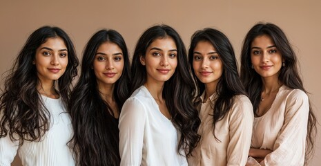 Obraz premium Group Of Beautiful Indian Women With Long Hair Posing Together Against A Neutral Background generative ai