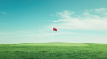 Minimalist Golf Flag on Expansive Green Field, serene simplicity, gentle horizon, tranquil atmosphere, inviting calmness and focus