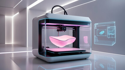 Innovative 3D Printer in Action, Emitting Neon Light, Floating Object Mid-Print, in a Clean Futuristic Lab