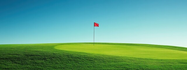 Minimalist Golf Flag on Serene Green Field, solitary flag standing tall, gentle horizon blending softly with the simplicity of the landscape