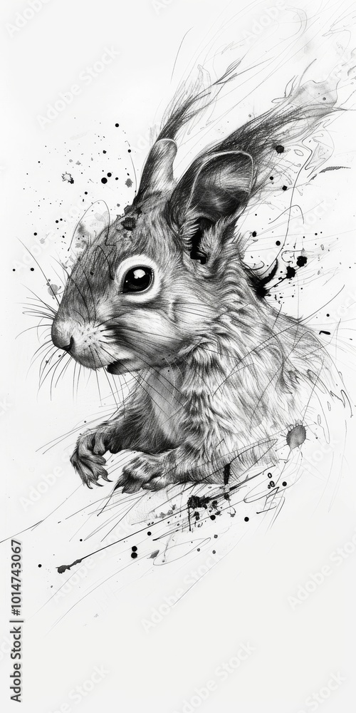 Poster a black and white drawing of a rabbit with a black and white background. the rabbit is looking at th