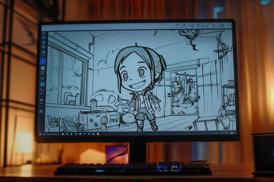 Monitor Displaying Simple Line Art Character Illustration with a Story Scene in the Background, Highlighting the Warmth of Hand-Drawn Style &ndash; Perfect for Creative Projects and Artistic Expressions