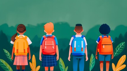 Four children with backpacks stand facing a green landscape, symbolizing adventure and exploration in nature.