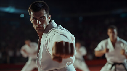 A karate tournament scene, with multiple competitors demonstrating their skills and discipline.


