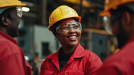 Confident Female Worker in Safety Goggles and Helmet