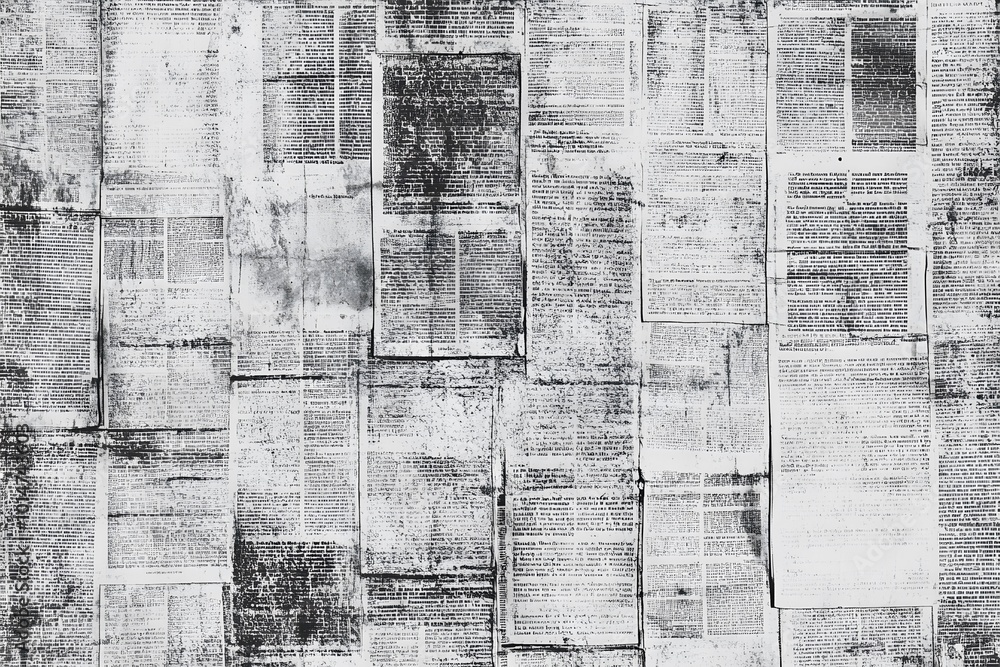Poster a textured collage of newspaper clippings and pages in monochrome, creating a visually intriguing ab