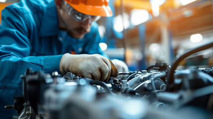 Engineer working on mechanical parts in a factory with focus on precision and craftsmanship