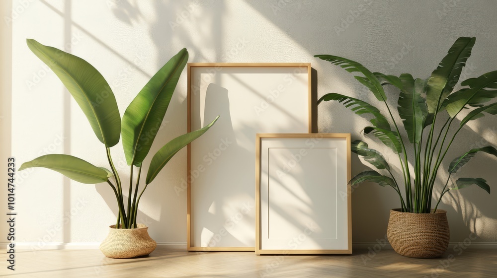 Poster mockup of empty frames positioned on the floor against a wall, complemented by lush greenery in styl
