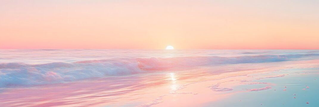 A serene seaside sunset with pastel colors reflecting on gentle waves, creating a tranquil, picturesque view.