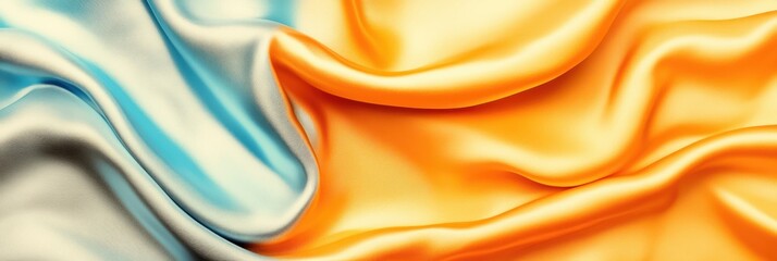 Silk fabric with a blend of blue and orange hues, showcasing smooth, elegant textures and an inviting appearance.