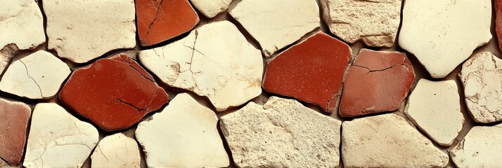 Textured mosaic wall, featuring a blend of red and white stones, perfect for backgrounds and design.