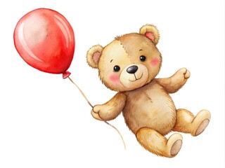 Delightful watercolor illustration of a teddy bear floating with a red balloon, beautifully hand-drawn, ideal for kids' decor and bringing joy to any room.