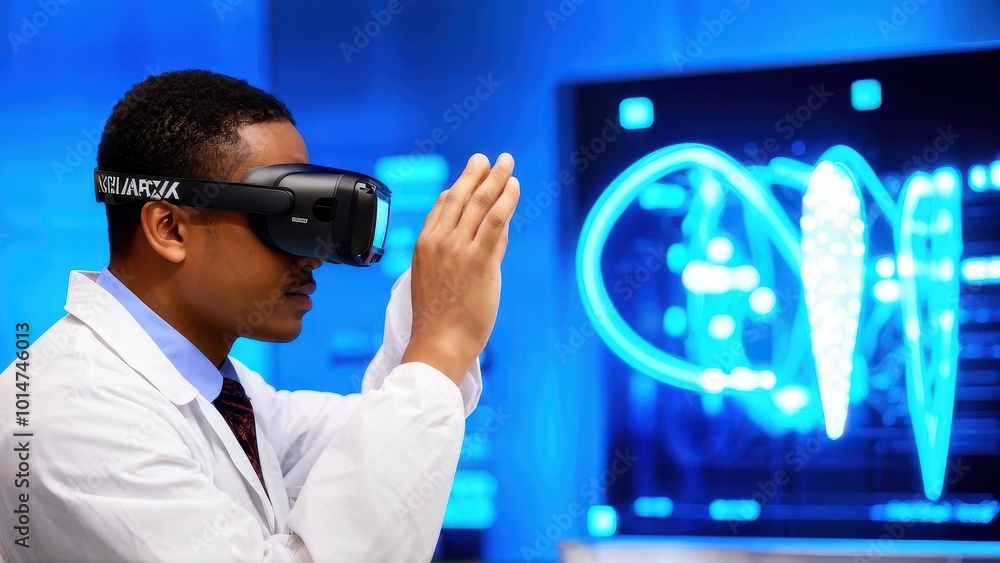 Poster a person wearing a vr headset interacts with digital graphics in a futuristic setting.