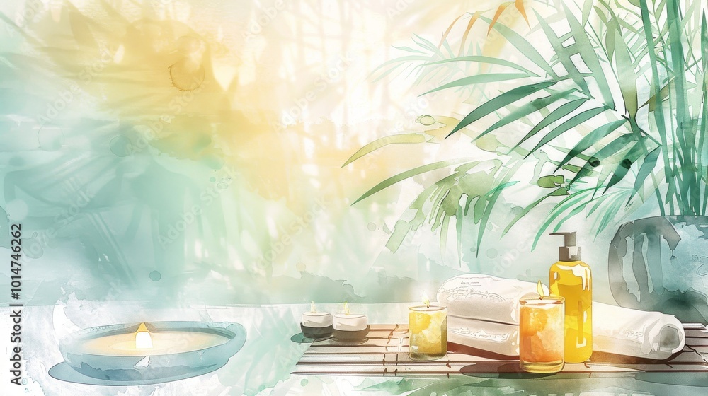 Poster a painting of a beach scene with a palm tree and a small table with candles and bottles of lotion