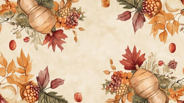 A painting of a pumpkin and a bunch of leaves with a white background