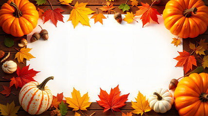Autumn Frame with Pumpkins, Colorful Leaves, and Acorns on White Background