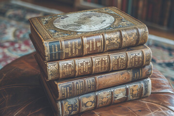 Stack of antique leather bound books with gold embossed lettering