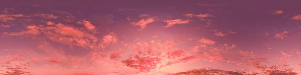 Sunset sky with bright glowing pink Cirrus clouds. Seamless spherical HDR 360 panorama. Full zenith or sky dome in 3D, sky replacement for aerial drone panoramas. Climate and weather change. © svetograph