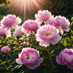 The vibrant peony blooms in shades of pink stand tall as the golden sun sets in the background, creating a serene and atmospheric landscape filled with warmth. Generative AI