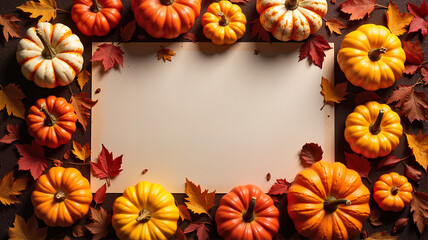 Obraz premium Autumn Pumpkins and Leaves Frame with Copy Space