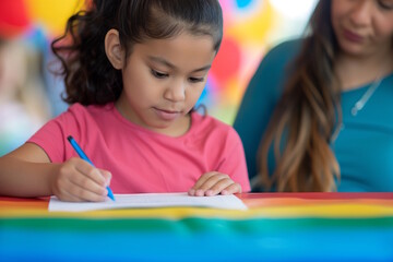 Little girl concentrating on writing while sitting at a colorful table with a woman beside her, concept of education and learning at school or home, possibly related to back-to-school events