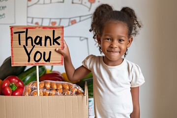 Little girl holding "Thank You" sign next to a box of groceries, concept of gratitude and community support during charity events or food drives, ideal for campaigns around giving back during holidays