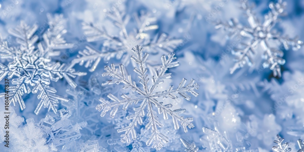 Poster detailed macro shot of snowflakes showcasing their unique patterns and delicate structure on a bed o