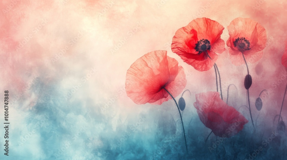 Poster soft abstract color background with faded poppies and blended tones of blue and red.
