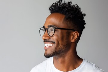 Obraz premium Smiling man with glasses looking away from the camera.