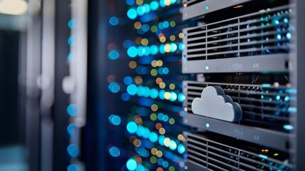 A cloud icon on a server rack representing cloud computing and data storage.