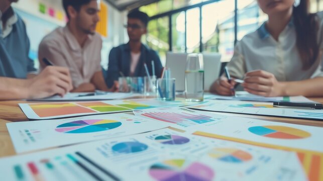 Consumer behavior analysis with a team studying data, charts, and trends in a modern office environment with copy space