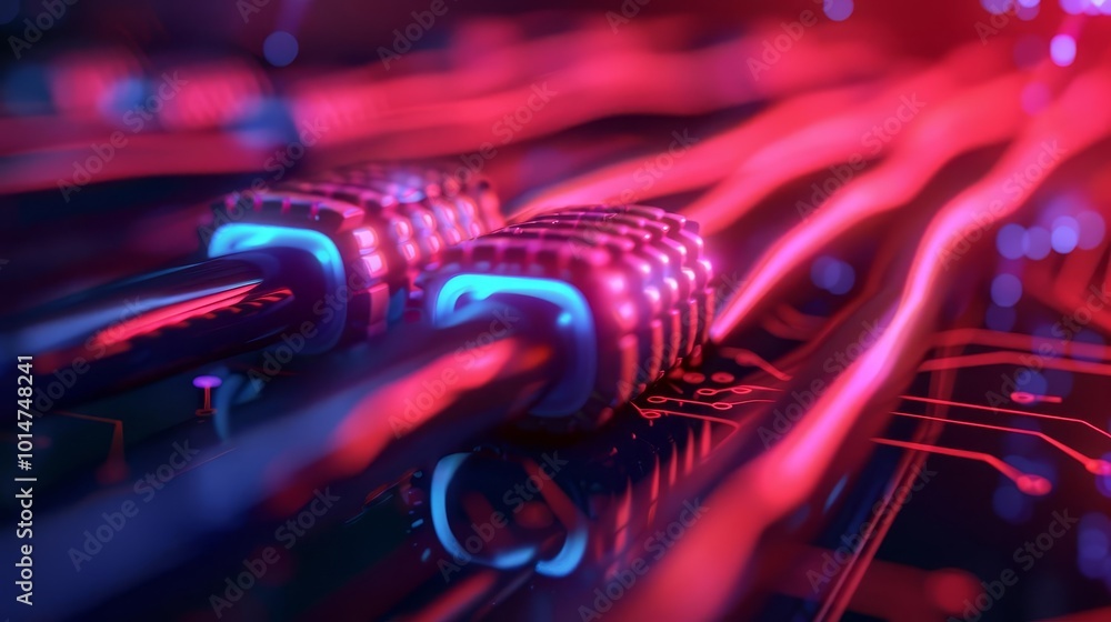 Poster abstract cyberpunk style image of glowing neon cables and circuits.