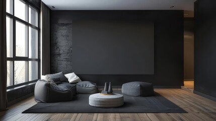 Minimalist living room with black walls, large window, and gray furniture.