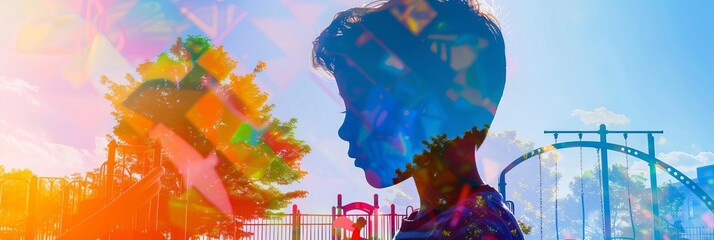 Double exposure of a childs silhouette and playground in bright colors With copy space