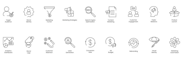 Fototapeta premium Comprehensive Marketing and Safety Icon Set Including Target Audience, Brand Identity, Marketing Funnel, Marketing Strategies, SEO, Content Marketing, Customer Engagement, Public Relations