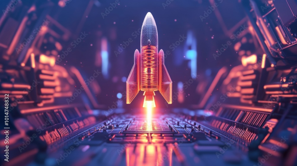 Aufkleber a sleek rocket is poised to launch from a modern, illuminated launch pad, surrounded by a vibrant, f