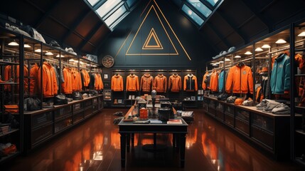 Trendy sports clothes apparel collection showcased in a sports store.