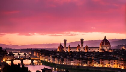 Naklejka premium Silhouette of the Florence skyline with the duomo set against a rich pink and red sunset, Ai Generated