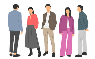 Fototapeta premium Set of young men and women , different colors, cartoon character, group of silhouettes of standing business people, students, design concept of flat icon, isolated on white background