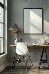 Fototapeta premium Modern Minimalist Home Office with Natural Light and Stylish Decor Featuring a Wooden Desk, White Chair, and Elegant Accessories in a Cozy, Sunlit Room