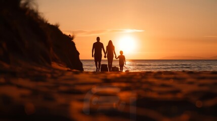 Silhouette of family walking on beach at sunset.