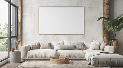 Modern living room interior with blank canvas mockup on wall, sofa, armchair, and rug.