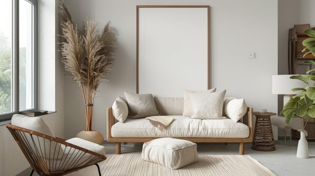 Minimalist living room interior with a large empty frame mockup above a sofa and armchair.