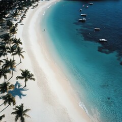 Serene White Sandy Beach with Coastal Birds and Watercraft